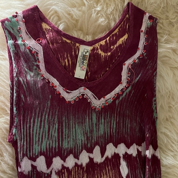Maroon Beaded Sequined Embroidered Sleeveless Swing Linen X-Long Top - Picture 7 of 9